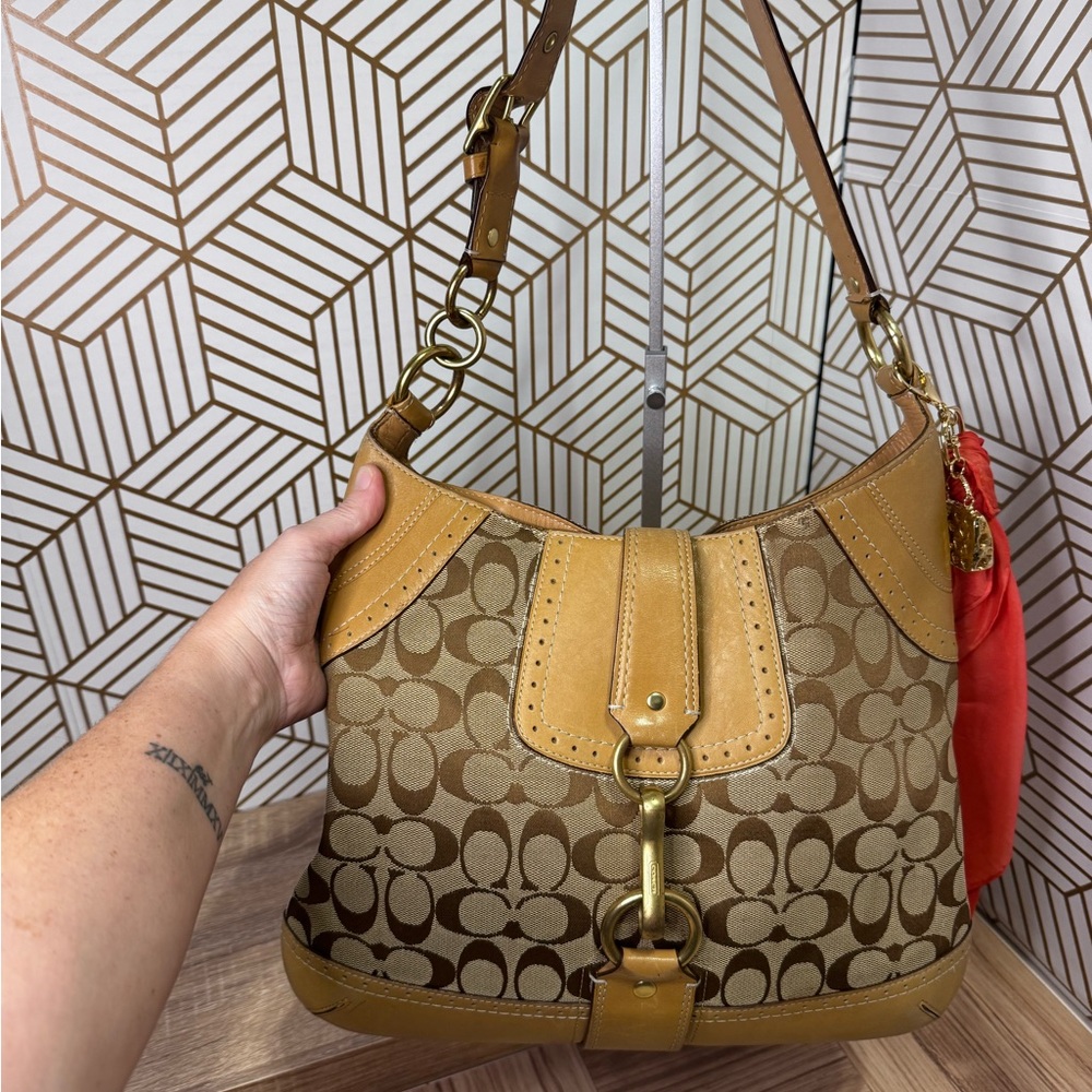 Coach Tan and Brown Hampton Signature Shoulder Bag